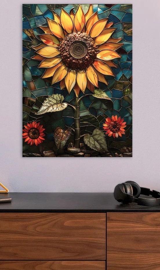 Stained Glass Sunflower Mosaic — metal poster wall art by Lineer